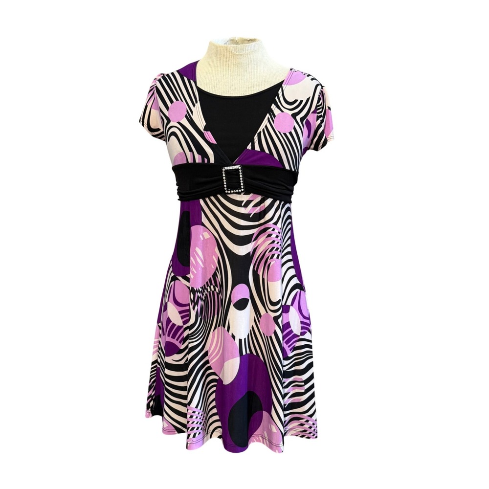 Y2K Babydoll Mini Dress I Tie-back Purple Rhinestone Buckle Tie-back Small